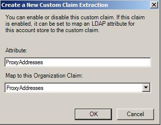 8. Active Directory account store 를오른쪽마우스클릭하고, New -> Custom claim extraction 순서로클릭한다. 9. Attribute 상자에서, ProxyAddresses 를입력하고, OK 를클릭한다. 10. Active Directory Federation Services 콘솔을닫는다.