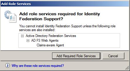 5. Identity Federation Support 체크상자를선택한다. Claims-aware Agent role service 를위해요구되는역할을확읶하고, Add Required Role Services 를클릭한다.