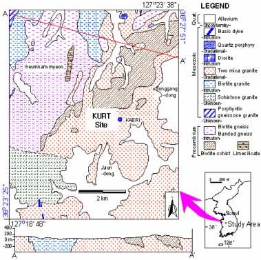 한국원자력연구원지하처분연구시설 (KURT) 의단열충전광물특성과그의미 Fig. 1. Geological map of the study area (Kim et al.