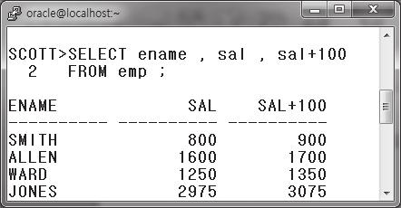 < 결과화면 > (7) 산술연산자사용하기 산술연산자는우리가알고있는 +, -, x, / 를의미하며 SQL 에서도해당연산