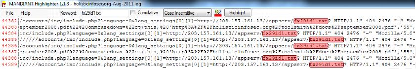 holisticinfosec.org-aug-2011.log는하이라이터에서로드되고, fx29id1.txt는키워드검색필드에서쿼리되었다. 여덟줄이탐지되었다. 그림 11에서보여지는것과같이그래픽보기로결과들이강조된텍스트를스크롤하고텍스트보기를정렬할수있다.