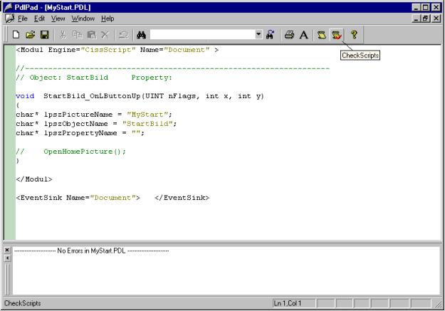 문서 4.2 DataMonitor 시스템구성 "PdlPad" 를이용한스크립트확인 "WizardLog.txt" 로그파일에는사용된스크립트의오류관련정보가포함되어있다. "PdlPad" 디버거를사용해서도오류를찾을수있다. 1. Web View Publisher 의결과목록에서해당개체를두번클릭하여 "PdlPad" 를연다. 게시된그림의스크립트가표시된다. 2.