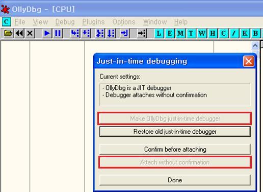 3) Make OllyDbg just-in-time debugger 버튼과 Attach without