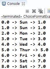 Java 자바야놀자 6: public static void main(string[] args) { 7: double[] limits = {1,2,3,4,5,6,7}; 8: String[] dayofweeknames = {"Sun","Mon","Tue","Wed","Thur","Fri","Sat"}; 9: ChoiceFormat choiceform =