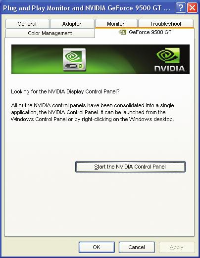 NVIDIA Control Panel (NVIDIA 제어판 ) Settings 에서 Advanced 버튼을누르면, Plug and Play Monitor and NVIDIA GeForce 9500 GT Properties 대화상자가표시됩니다. GeForce 9500 GT 탭을클릭합니다.