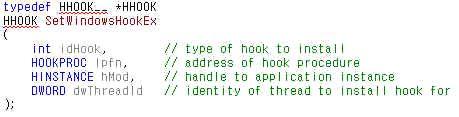 4. 루트킷제작에사용되는기술 A. HooKing 1 DLL Injection i. Windows Hooking Function 마이크로소프트는다른프로세스로전달되는윈도우메시지를후킹할수있는함수를정의해놓았다.
