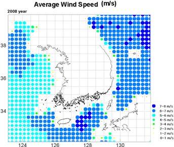 第 37 卷第 11 號, 2009. 11 QuilkSCAT 위성데이터를이용한한반도주변의해상풍력자원평가 1125 Fig. 3. Annual mean wind speed distribution 밀도를분석한결과를 Fig. 4 에나타내었다.