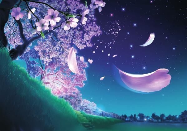 ➌ 벚꽃이 활짝 핀 봄 밤하늘을 그린 작품 별과 벚꽃.