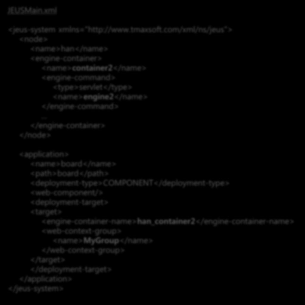 Application 추가 (4) Container 추가 JEUSMain.xml <jeus-system xmlns="http://www.tmaxsoft.