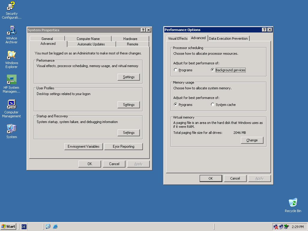 Usage >) Configure Windows to have higher priority for Background Services (Windows XP Workstation default is