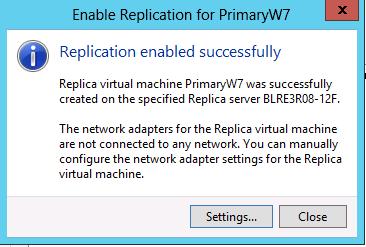 위초기복제과정이성공적으로완료되면, 아래와같이복제성공메시지를확인할수있습니다. 아래복제성공메시지를좀더자세히읽어보면, PrimaryW7 이라는 VM이, BLRE3R08-12F replica 서버에성공적으로복제가완료되었음을알수있습니다. 중요한점은추가적으로 Replica 서버에복제된 VM은임의의네트워크에연결되어있지않다는메시지를확인해야합니다.