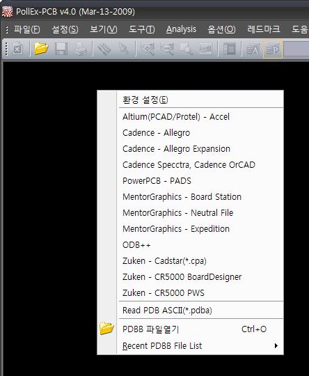 ECAD ASCII 파일열기 메인메뉴 : 파일 > ECAD 불러오기 > 선택 혹은 PollEx 작업화면 :