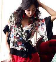 POB0059 Flower printed elegant chiffon Kimono blouse