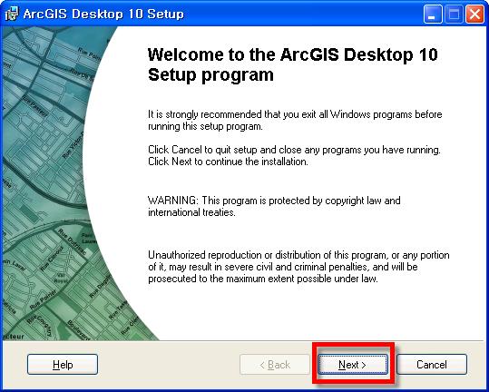 1. ArcGIS Desktop 10 설치 ArcGIS Desktop (ArcView, ArcEditor, ArcInfo ) 1) ArcGIS Desktop 설치미디어를넣습니다. 만약자동실행이되는경우자동으로설치메뉴가나옵니다. 자동실행이안되는경우설치미디어에서직접설치메뉴 (ESRI.exe) 를실행합니다.