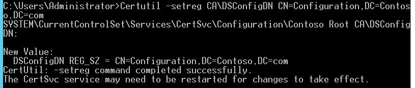 Exercise 3: Standalone Offline Root CA 사후설치구성작업 (on CA01) 1. CA01 서버에관리자계정 (CA01\Administrator) 으로로그인합니다. 2. Command Prompt을수행합니다. 3. Active Directory Configuration Partition DN을정의하기위하여, 아래명령어를입력한후, Enter를누릅니다.