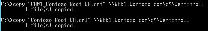 아래명령어를수행한후, 를누릅니다. 2개파일은 CA02.CONTOSO.com 서버의 C 드라이브루트에존재함을확인합니다. copy "CA01_Contoso Root CA.crt" \\WEB1.Contoso.com\C$\CertEnroll\ copy "Contoso Root CA.crl" \\WEB1.Contoso.com\C$\CertEnroll\ 5.
