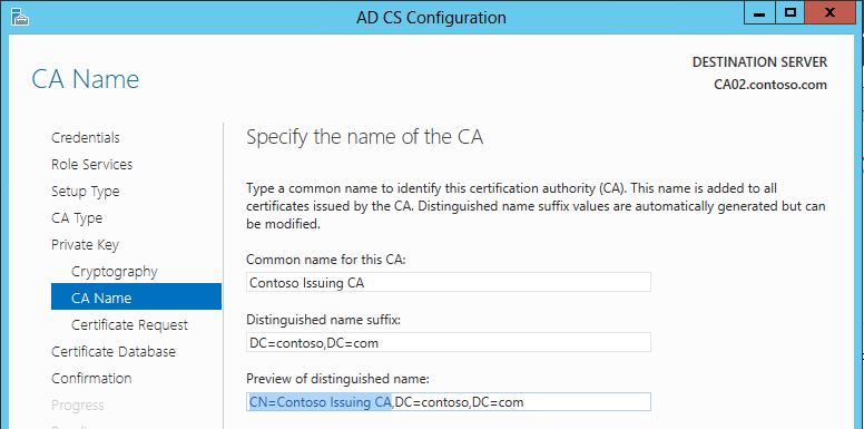 19. CA Name 페이지에서, Common name for this CA 텍스트상자에서, Contoso Issuing CA 를입력한후, Next 를클릭합니다. Distinguished Name 부분이자동적으로 CN=Contoso Issuing CA,DC=contoso,DC=com 와같이변경됨을확인할수있습니다. 20.