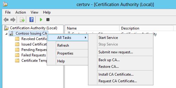 를클릭합니다. 4. Contoso Issuing CA 를오른쪽마우스클릭한후, All Tasks -> Install CA Certificate 순서로클릭합니다.