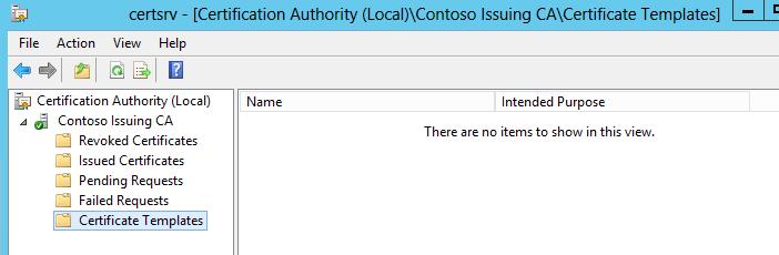 7. Contoso Issuing CA 노드를확장한후, Certificate Templates 를선택합니다. 오른쪽창에기본인증서템플릿이하나도존재하지않음을확인합니다.