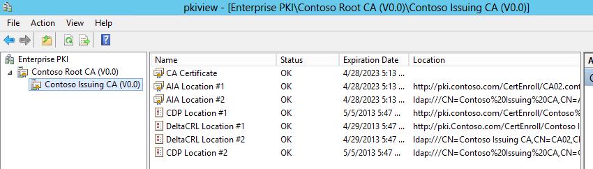 Exercise 6: PKI Hierarchy Health 검증 (on CA02) PKIView.msc (Enterprise PKI) 를사용하여 PKI Health 검증 1. CA02.CONTOSO.