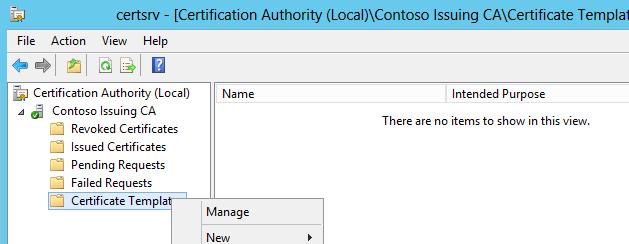 자동발급을위한인증서템플릿준비 1. CA02.CONTOSO.com 서버에도메인관리자계정 (CONTOSO\Administrator) 으로로그인합니다. 2. Server Manager 에서, Certificate Authority Manager MMC를수행하기위하여, Tools -> Certification Authority 를클릭합니다. 3.