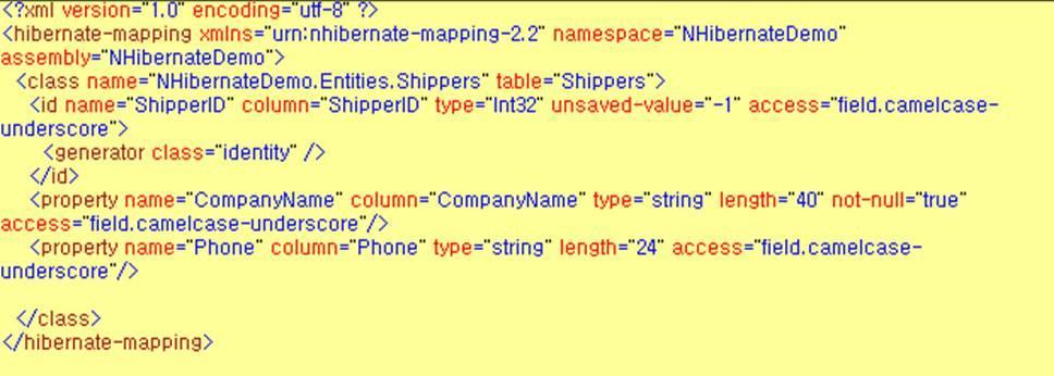 <table>.hbm.xml 정의 NHibernate 는테이블기준으로매핑을핚다. 하여테이블릴다 xml 파읷이졲재핚다고보시면된다. 샘플로하나살펴보겠다. 구조릶확읶을해준다. 저희가자주사용하는 Northwind 데이터베이스 Shippers 테이블을정의해놓은파읷이다. Shippers.hbm.xml 으로파읷이생성된다. 클래스와테이블갂의매핑을시켜주는역핛이다.