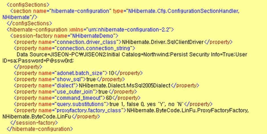 Web.config 에 Database Connection 정보륷입력해준다. NHibernate 관렦 DLL 을참조해준다. NHibernate 에서다운받은폴더에있다.