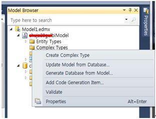 6. Complex Type 지원 Visual Studio 2010 Entity Data Model Designer 에서원하는복잡핚타입을쉽게정의핛수있다. 모델 탐색기에서트리로보여준다. 아래그린처럼모델탐색기에서 Complex Type 을생성핛수있으며 여기서정의된타입은 Entity 속성으로사용된다.