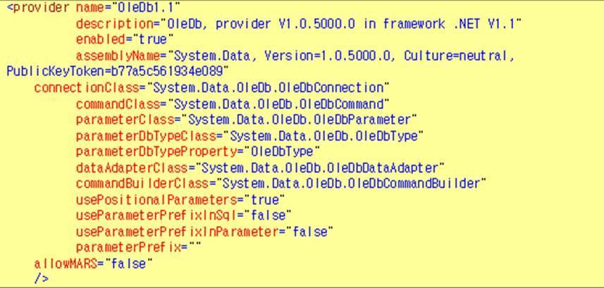 <Config 파일설정 > providers.config 파읷내용을확읶하면릷은 DBMS Provider 가정의되어있다. 저희가사용하는 Provider 는 sqlserver2.0 이다.