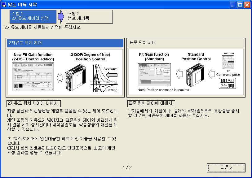 맞는이득화면 (2 자유도제어대응 ) 왕복의위치결정동작을되풀이하는것으로, 최적인맞는이득설정을자동탐색합니다. 2 자유도제어대응한맞는이득기능은, 시운전기능에의해동작패턴을자동생성하고, 부하특성 강성설정 지령응답설정을전자동조정합니다. 주 ) 맞는이득기능은강성설정및모드설정을높여가는과정에서때로는부하가짧은시간발진하는경우가있습니다.