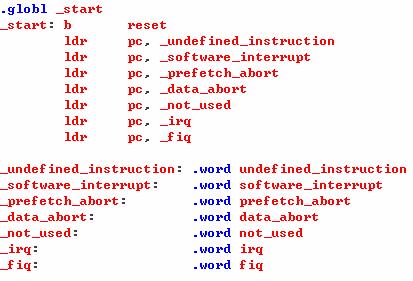 start.s ARM 은 0x0 번지에 vector table 이위치해야한다.