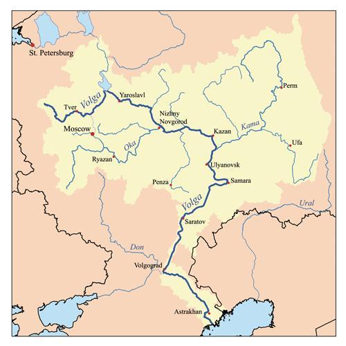 2-1-4. 볼가강 아스트라한주를관통하는볼가강은길이 3,700km. 유역면적 138 만km2이다. 이강을 고대에는라, 중세에는이틸리또는에틸이라고불렀고현재 러시아의축 이라고일컬어진다. 해발 228m 의발다이구릉에서발원하여, 러시아평원의 4 개지대, 즉북쪽에서부터삼림지대, 삼림-스텝혼합지대, 스텝지대, 반사막지대를통과하여카스피해로흘러든다.
