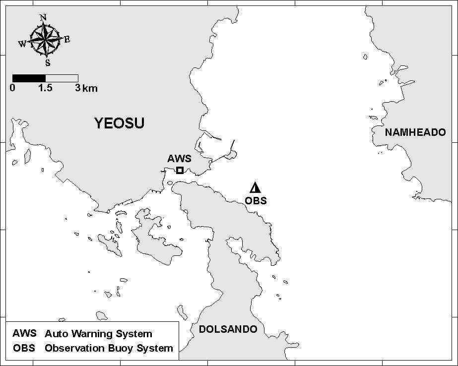 Fig. 2. Position of Real-time Observing Buoy System and AWS. Fig. 3. Seomjin River discharge data. 3. 결과및고찰 3.1 해양물리환경특성 동계 ( 종합해양관측부이, 2007년 1월 16일~2 월 16일 ) 의표층은최고수온 9.8, 최저수온 6.4, 평균수온 7.