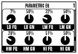 EQ [2] 개의쉘빙 (shelving) EQ와 [2] 개의 semi-parametric peaking EQ를사용할수있습니다. Lo Fq 선택한주파수아래의영역에적용됩니다. Lo Gn 위에서선택한영역에게인설정을합니다.