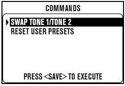 커멘드 (Commands) Home / Hold for Commands 버튼을 2초가량누르면커멘드페이지로이동합니다. Select 노브로명령을선택하고 Save 버튼을눌러서해당설정을진행합니다.