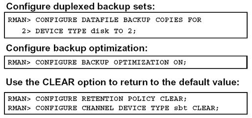 default 는 1 이다. configure retention policy clear ; retention policy 정보를 clear configure datafile backup copies form device type disk to 2; 백업의복사본을 2 개로만들겠다는설정명령. Format 에서 %c 가있어야중복되지않으므로에러가발생하지않는다.