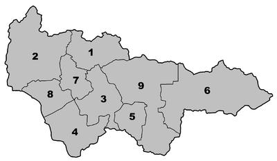 한티 - 만시자치관구 - 유그라는 13 개의시 (городский округ) 와 9 개의군 (муниципальный район), 26 개의도시형부락 (городское поселение), 58 개의농촌형부락 (сельское поселение) 으로이루어져있다.