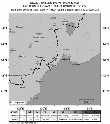7 의지진이발생했다고밝혔다. 진앙은북위 42.7 도, 동경 130.9 도의지하 558km지점으로북한과중국, 러시아 3국접경지역이다.