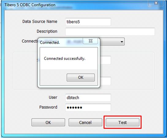 DSN 등록후 [Test] 버튼을클릭하여정상적으로접속이되는지확인한다. 만약실패할경우 Tibero 서버 의기동, 방화벽차단, 접속정보등을확인한다. [ 그림 1.8] ODBC 접속테스트 1.2.4.
