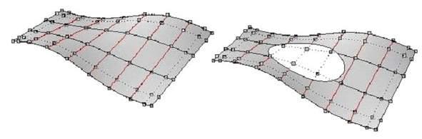 Nurbs Surface는잘라지거나그렇지않을수있습니다. 잘라진 Surface를사용해 Nurbs Surface 밑에두고특정한모양으로잘라내었다고생각해봅니다. 각 Surface는하나의막힌 Curve를가지고외부의경계로정의되고교차되지않은안쪽 Curve는구멍으로정의됩니다.