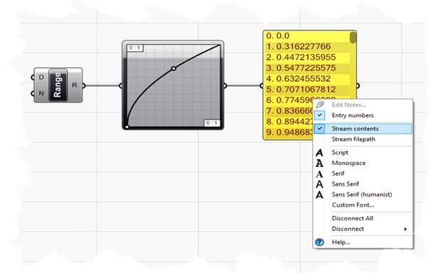 다음으로 Graph Mapper 요소 (Params/ Special/ Graph Mapper) 를드래그하여캔버스에끌어놓습니다. 오른쪽클릭하여 Graph 유형을 Linear로설정하고, Range-R 결과와 Graph Mapper 입력을연결합니다.