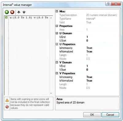 Divide Interval 컴포넌트의 I-입력을오른쪽클릭한후, Manage Interval Collection을선택합니다. 녹색의 + 버튼을눌러서 Interval을추가합니다. 기본값으로 Interval은 u:{0.0 ~ 0.0} v:{0.0 ~ 0.0} 로정의됩니다. 하지만우리는 u, v 두방향의범위 {0 ~ 1} 이필요합니다. u의끝값을 1.