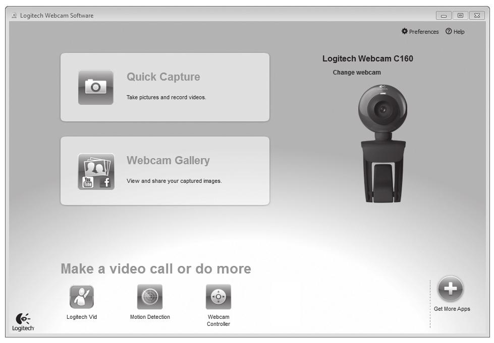Logitech Webcam C160 Logitech 웹캠소프트웨어사용방법 1. 사진및비디오를캡처합니다. 2. 캡처한이미지를보거나이메일, Facebook, YouTube 를통해공유합니다. 3. 설치된웹캠관련응용프로그램에간편하게액세스할수있는영역 4.