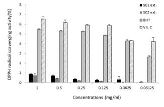 98 大韓本草學會誌 Vol. 28 No. 6, 2013 2. DPPH 라디칼소거활성에미치는영향초임계유체추출물의항산화활성은 DPPH 라디칼에대한시료의환원력으로측정하였다.