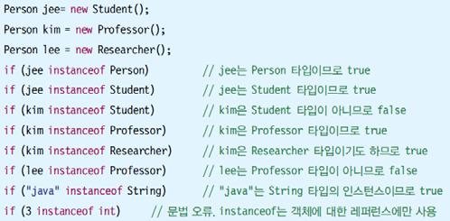 Researcher(); if (jee instanceof Student) // jee는 Student 타입이므로 true System.out.println("jee는 Student 타입 "); if (jee instanceof Researcher) // jee는 Researcher 타입이아니므로 false System.out.println("jee는 Researcher 타입 "); if (kim instanceof Student) // kim은 Student 타입이아니므로 false System.