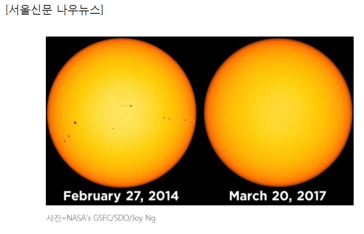http://v.media.daum.net/v/20170323163604311 지옥같은모습으로이글이글타오르는태양. 그러나태양의얼굴은가끔 ' 여드름 ' 이모든사라진깨끗한얼굴로나타나기도한다. 지난 23일 ( 현지시간 ) 미국항공우주국 (NASA) 은태양활동관측위성 (SDO) 이촬영한태양의모습을사진으로공개했다.