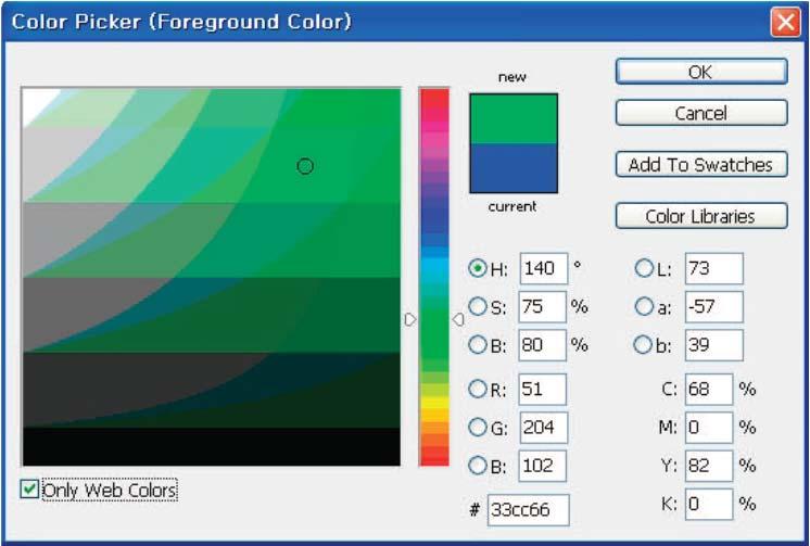 배경색 (Background Color) : 지우개색상으로칠해진다. 2 1 3 4 5 1 다양한색상의컬러를제시하여원하는색상을선택한다. 2 원하는색상의명도와채도의색상판을통해색상을선택한다.