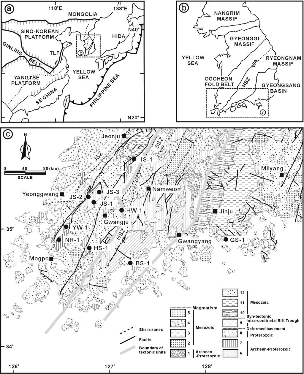 462 박영석 장보안 김정빈 강성승 Fig. 1. Geological map of study area and sampling locations. TLF: Tan-Lu Fault, HSZ: Honam Shear Zone, JSZ: Jeonju Shear Zone, SSZ: Sunchang Shear Zone, HSZ: Hwasun Shear Zone.
