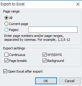 SQLGate for MariaDB Developer User Guide 114 7. 페이지설정을합니다. Ok 를클릭합니다. [Excel 페이지설정 ] 8. 생성된파일을 Excel 에서확인합니다.